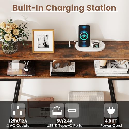GIANTEX Modern Console Table with Charging Station & LED Lights | 40" Entryway Table w/ Storage Shelves, 3-Tier Display Shelf for Small Space, Sofa Table for Living Room, Rustic Brown + Black - color: Rustic Brown