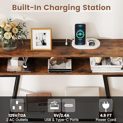 GIANTEX Modern Console Table with Charging Station & LED Lights | 40" Entryway Table w/ Storage Shelves, 3-Tier Display Shelf for Small Space, Sofa Table for Living Room, Rustic Brown + Black - color: Rustic Brown