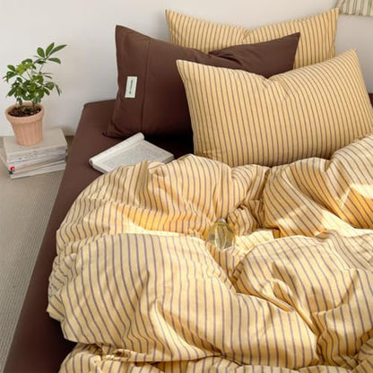 Striped Duvet Cover Queen Yellow Bedding Set with Brown Stripes | Soft Lightweight Microfiber Duvet Cover Set 3 Pieces Striped Quilt Cover with 2 Pillowcases, Zip Closure, No Insert - color: Brown Striped, size: Queen (1 Duvet Cover + 2 Pillowcases)