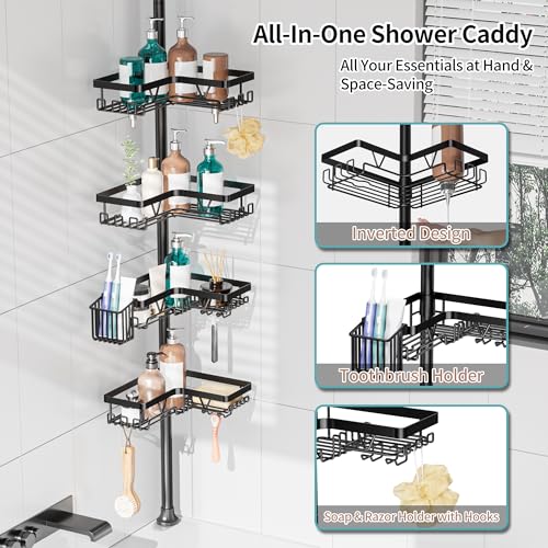 KEGII Corner Shower Caddy Tension Pole with Toothbrush Holder | Adjustable Shower Organizer with Soap Holder and Hooks, No Drilling Rustproof Bathroom Shelf Storage Rack, Fits 25-114.2 Inch - color: Black