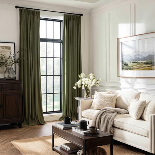 Velvet Pinch Pleated Blackout Curtains 96 Inch Long for Living Room Bedroom Moss Green Vintage Room Darkening Thermal Insulated Privacy Drapes with Back Tab and Hooks,2 Panels,Ideal for Apartment - color: Olive Green, size: 40"W x 96"L (Pack of 2)