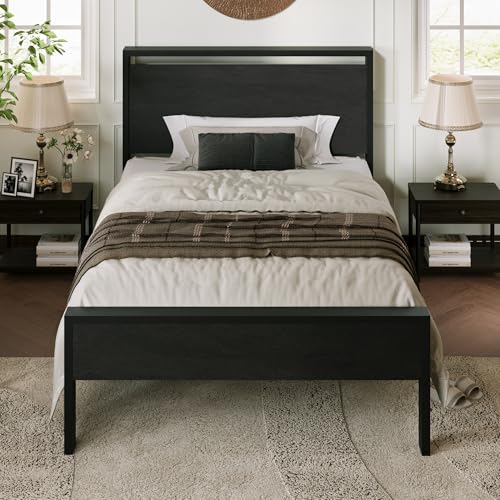Allewie Twin Size Bed Frame, Heavy Duty 12 Metal Slats Support, Black Oak | Wooden Headboard and Footboard, Modern Platform Bed, No Box Spring Needed, Under-Bed Storage, Noise Free, Easy Assembly - color: Black Oak, size: Twin