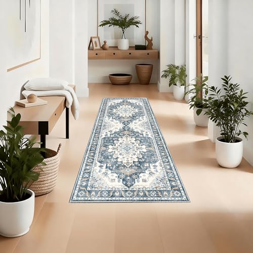 2x6 Non-Slip Washable Boho Kitchen Runner Rug | Faux cashmere, barefoot comfort, slip-resistant on tile/wood, machine washable, versatile use for kitchen, hallway, entryway - color: Cyan, size: 2'x6' Medium