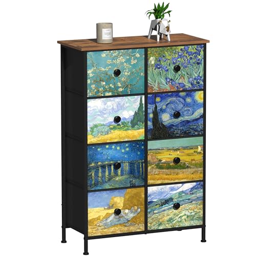 EXOTICA Tall Dresser with 8 Drawer for Bedroom Narrow Van Gogh Chest of Drawers for Hallway Closet Living Room Steel Frame Rustic Brown Wood Grain Wood Top - size: 26.6"D x 11.8"W x 39.4"H (8 Drawers)