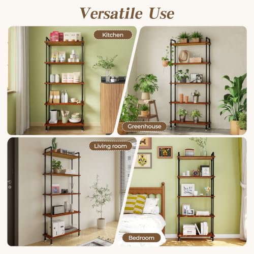 Industrial Bookshelf, Pipe Shelf Bookcase, 5 Tier, 30" Walnut | Solid pine shelves, 30 inch wide, black pipe frame, 35 lbs per shelf, open bookcase for books, plants, office - color: Walnut Brown, size: 30"L × 70"H