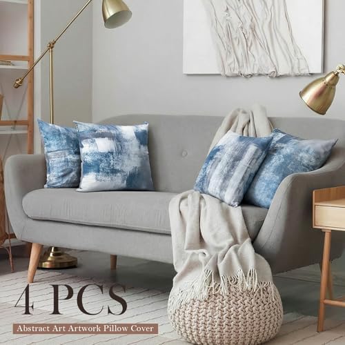 Set of 4 Blue and Grey Abstract Art Artwork Pillow Cover 16 x 16 Inch, Gallery Modern Decorative Throw Pillows Cushion Cover for Bedroom Sofa Living Room | Double-sided vibrant artwork accent cushion covers. Perfect decorative pillows for couch, sofa, bed