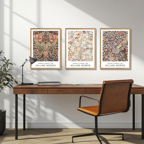 Cyebmo William Morris Wall Art Set of 3, Vintage Floral Wall Decor, Retro Nature Botanical Canvas Paintings, Classic Minimalist Poster Prints for Bedroom Living Room Office Wood Framed 12x16 Inch - color: William Floral(Wood), size: 16"L x 12"W