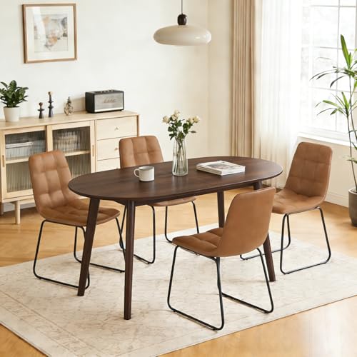 63" Oval Dining Table Set for 4 with Solid Wood Legs | 5 Piece Walnut Dining Table Set for Kitchen and Dining Room Furniture, 4 Brown Dining Chairs, Mid Century Modern - color: Walnut Table C-brown Chairs