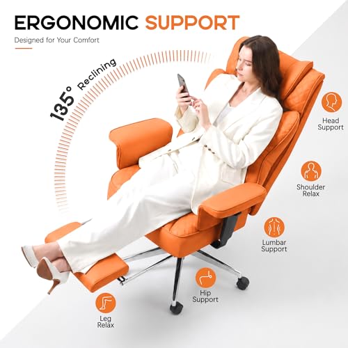 Office Desk Chair, High-Back Big and Tall Leather Chair with Footrest | Ergonomic Reclining Computer Chairs, Comfy Executive Wide Chair with Lumbar Support, Adjustable Armrests, 400LBS (Orange) - color: Orange