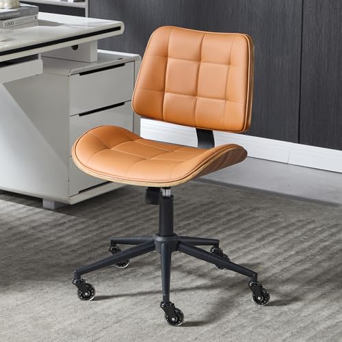Home Office Desk Chair with Rubber Wheels, Armless Bentwood, Brown | Adjustable Height Armless Office Chair, PU Leather Mid Back 360°Small Computer Chair, No Arms Walnut Seating, 300LBS Support - color: Brown, size: Standard Style