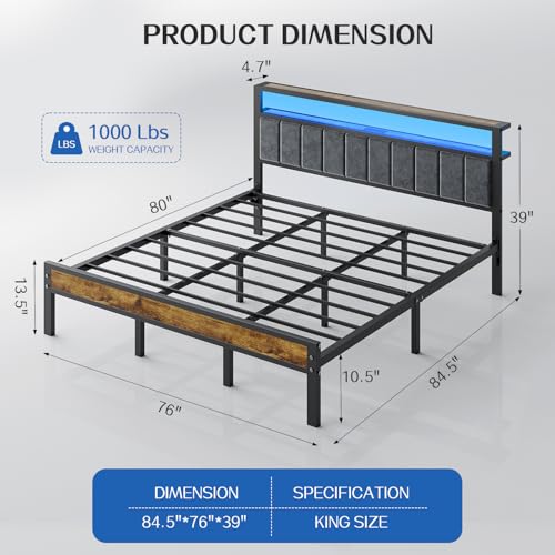 Liians King Size Bed Frame with LED Lights, Upholstered Headboard | Platform Bed with 2-Tier Storage Shelves, Charging Station, Noise Free, No Box Spring Needed, Easy Assemably - size: King