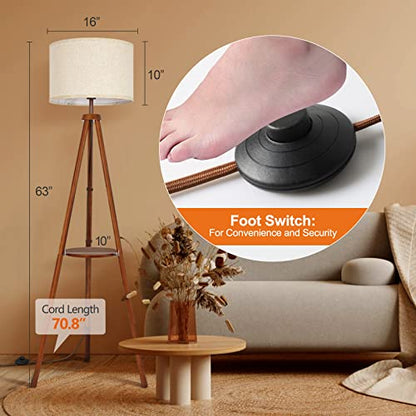 OUTON Wood Tripod Floor Lamp with Shelves, Mid Century LED Modern Dimmable Floor Lamp with Remote Control, Sturdy Tall Standing Lamp with Beige Linen Texture Shade for Living Room, Bedroom, Office - color: Walnut