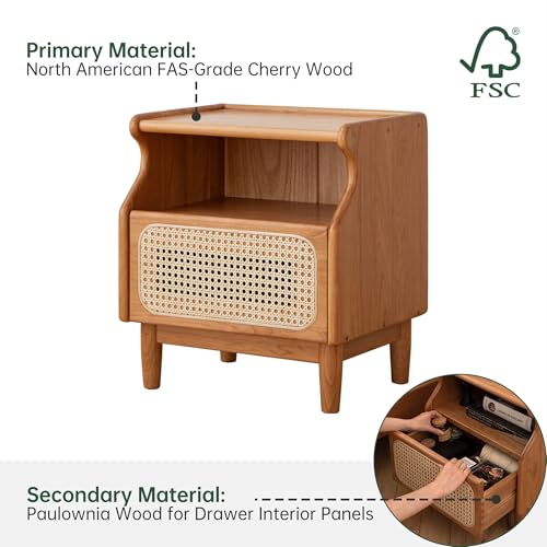 Cherry Wood Nightstand with Drawer, Rattan Nightstand, Natural Wooden Side Table, 19.3" H Bedside Table with Open Shelf, Small Nightstand for Bedroom - color: Natural, size: 1 pc(13.8"D x 17.7"W x 19.3"H)