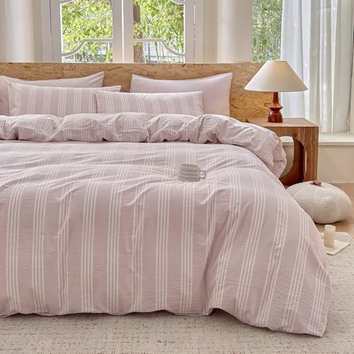 Pink Striped Duvet Cover Set 100% Washed Cotton Linen Like Super Soft Chic Bedding Set 3 Pcs Greyish Pink-White Full - color: Greyish Pink-white, size: Full