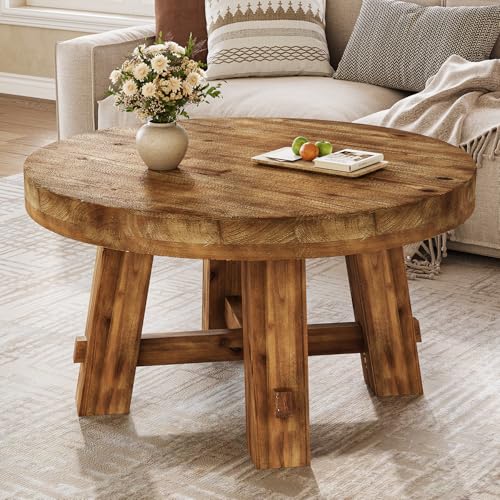 31.5-Inch Round Coffee Table, Solid Wood Center Table with Thickened Tabletop for Living Room, Apartment, Small Space (Rustic Brown) - color: Rustic Brown