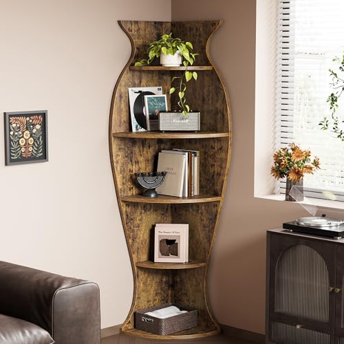 Small Corner Shelf, 5-Tier Vase-Shaped Bookshelf Organizer for Living Room Decor, Bedroom, and Office, Modern Freestanding Corner Bookcase for Storage and Display, Vases Home Decor Accent - color: Brown, size: 71" H