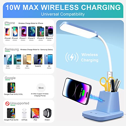 LED Desk Lamp with 10W Wireless Charging & Pen Holder, Blue | CRI 95, 800LM, Stepless Dimming, 3 Modes, 360°Flexible Arm, Touch, Study Table Lamp for Home Office, Dorm Room, with Adapter - color: Blue