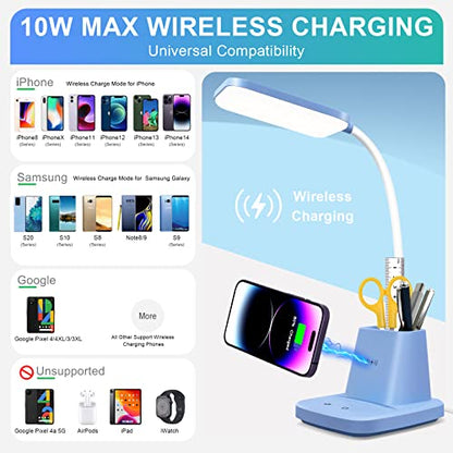 LED Desk Lamp with 10W Wireless Charging & Pen Holder, Blue | CRI 95, 800LM, Stepless Dimming, 3 Modes, 360°Flexible Arm, Touch, Study Table Lamp for Home Office, Dorm Room, with Adapter - color: Blue