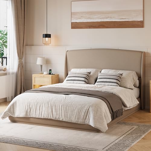 RuiSiSi Queen Size Upholstered Bed with Wingback Headboard, Low Profile Linen Fabric Platform Bed Frame, Strong Wood Slats, No Box Spring Needed, Easy Assembly, Brown - color: Brown