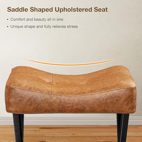 18-Inch Leather Vanity Stool Chair, Brown Saddle Vanity Stool | Vanity Bench, Metal X-Leg, Ottoman Accent Stool, Thick Padded Saddle Seat, 300 LBS, 16.3"x12.4"x18", For Bedroom, Closet - size: Small, style: Brown Leather