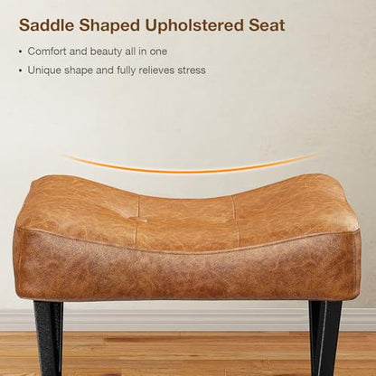 18-Inch Leather Vanity Stool Chair, Brown Saddle Vanity Stool | Vanity Bench, Metal X-Leg, Ottoman Accent Stool, Thick Padded Saddle Seat, 300 LBS, 16.3"x12.4"x18", For Bedroom, Closet - size: Small, style: Brown Leather
