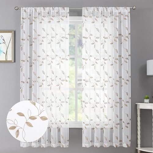 Tollpiz Taupe Leaf Sheer Curtain Bedroom Short 38 x 45 Inches | Leaves Embroidered Curtains Rod Pocket Voile Window Treatments for Living Room, Set of 2 Panels - color: Taupe, size: 38"W x 45"L (Pack of 2)