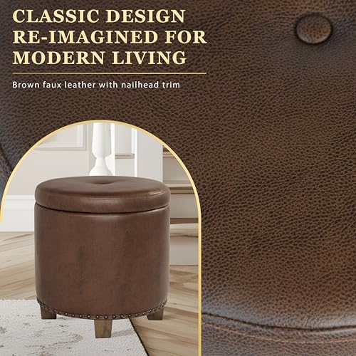 HomePop 18.5" Round Storage Ottoman with Nailheads - Brown Faux Leather - color: Brown Faux Leather