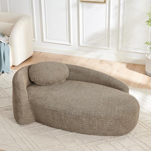 Modern Oval Chaise Lounge Chair, Boucle Upholstered Single Lazy Sofa with Integrated Backrest, Side Armrest, Matching Pillow, Space Saving Accent Lounger for Living Room Reading Nook (Brown) - color: Brown