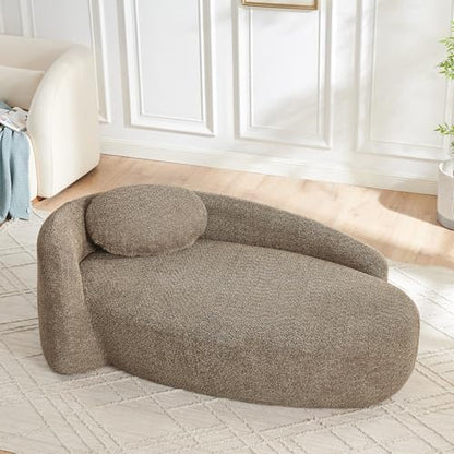 Modern Oval Chaise Lounge Chair, Boucle Upholstered Single Lazy Sofa with Integrated Backrest, Side Armrest, Matching Pillow, Space Saving Accent Lounger for Living Room Reading Nook (Brown) - color: Brown