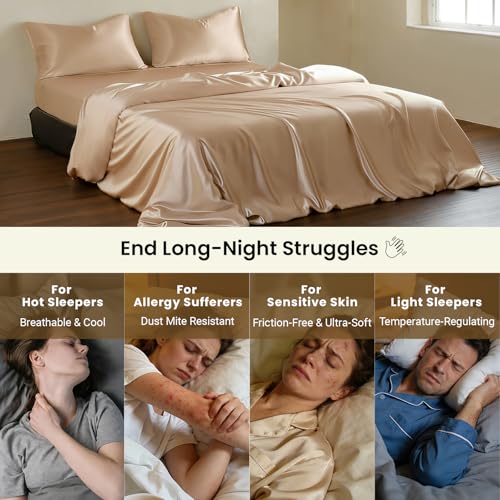 THXSILK Luxury Full Silk Duvet Cover Set 3 Pieces, Extra Soft, Breathable & Cooling Bedding Set, Machine Washable & Durable, 1 Duvet Cover & 2 Pillowcases with Zipper Closure(Champagne) - color: Champagne, size: Full (3 pcs)