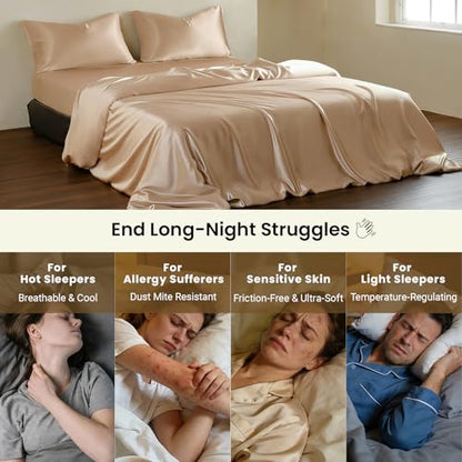 THXSILK Luxury Full Silk Duvet Cover Set 3 Pieces, Extra Soft, Breathable & Cooling Bedding Set, Machine Washable & Durable, 1 Duvet Cover & 2 Pillowcases with Zipper Closure(Champagne) - color: Champagne, size: Full (3 pcs)