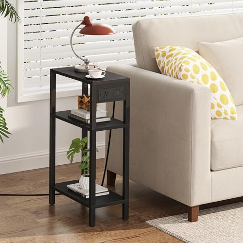 TUTOTAK Narrow Side Table, 3-Tier Small End Table with Charging Station | Skinny Sofa Table, Slim Nightstand, Easy Assembly for Living Room, Bedroom, Black TB01BK079 - color: Black, size: 3-tier