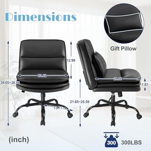 Furmax Criss Cross Legged Office Chair with Wheels, Armless Extra Wide Seat Swivel Desk Chair, Adjustable Height Comfy Task Chair with Thick Cushion for Home Office Bedroom Vanity (PU Leather, Black) - color: Black