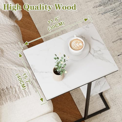 C Shaped End Side Table, Couch Sofa Table for Small Space, Black Snack Table with Metal Frame, TV Tray Table for Bed, Living Room, Bedroom, Bedside(White Marble) - color: White Marble+black