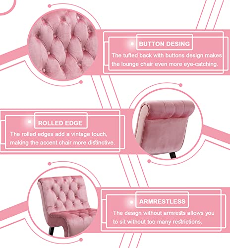 Comfy Velvet Accent Chair, Tufted Armless Side Chair with Rolled Edge | Modern Small Lounger for Living Room, Upholstered Reading Chaise Lounge with Solid Rubber Wood Legs, Pink - color: Pink, size: Set of 1