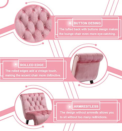 Comfy Velvet Accent Chair, Tufted Armless Side Chair with Rolled Edge | Modern Small Lounger for Living Room, Upholstered Reading Chaise Lounge with Solid Rubber Wood Legs, Pink - color: Pink, size: Set of 1