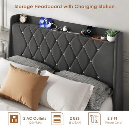 Garvee Full Size Bed Frame with Storage, Velvet Upholstered Platform Bed Frame with Crystal Tufted Headboard, Charging Station, 2 Drawers, No Box Spring Needed, Noise-Free,for Bedroom, Dark Gray | Velvet Upholstered Platform Bed Frame with Crystal Tufted