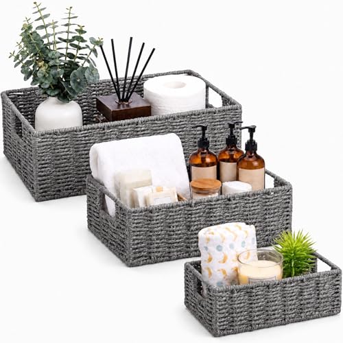Set of 3 Wicker Storage Basket for Organizing Paper Rope Shelf Baskets Small Wicker Basket with Handles Nested Shelf Organizer Baskets for Closet and Pantry Shelves(Grey) - color: Grey