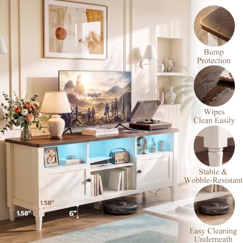 55" Farmhouse TV Stand with LED Lights & AC/USB Outlets | Rustic White Entertainment Center for TVs up to 65 Inch, Media Console Table with Storage Cabinets for Living Room Bedroom - color: Rustic White + Cracked Oak