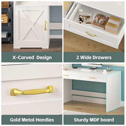 60" White Computer Desk with Drawers & Bookshelves for Bedroom, Home Office | Computer Desk with Bookcase & Drawers, Vanity Desk Writing Study Table with Storage for Bedroom, White - color: White