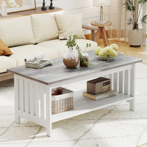 39.4" Farmhouse Coffee Table, Small Coffee Tables for Living Room | Grey, 2 Tier Coffee Table with Storage, Tea Table for Living Room Bedroom Small Space - color: Grey