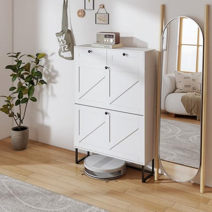 Shoe Cabinet with 2 Flip Drawers Freestanding Shoe Organizer with 2 Fabric Drawers Farmhouse Flip Shoe Storage Cabinet Narrow Shoe Rack Cabinet for Entryway, Hallway, Living Room, White