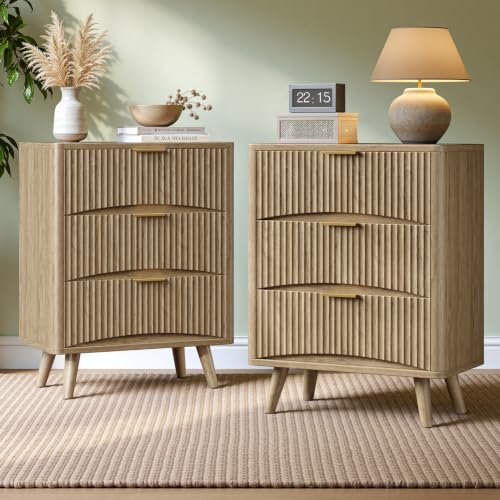 Evermagin 29" Tall Fluted Nightstand Set of 2 with 3 Drawers | Oak Night Stand,Wooden Bedside Table, Mid Century Modern Side Table for Bedroom, livingroom - color: Oak, size: 13.78"D x 23.62"W x 29.35"H (3 Drawers)