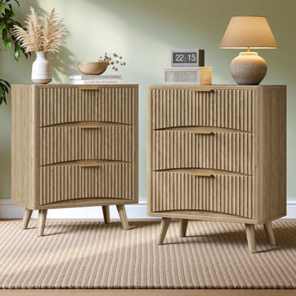 Evermagin 29" Tall Fluted Nightstand Set of 2 with 3 Drawers | Oak Night Stand,Wooden Bedside Table, Mid Century Modern Side Table for Bedroom, livingroom - color: Oak, size: 13.78"D x 23.62"W x 29.35"H (3 Drawers)
