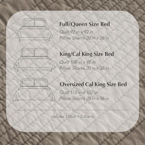 EVERGRACEHOME 100% Cotton Quilt Set Oversized Cal King, Stone Taupe | Pre-Washed Soft Cotton, Striped Coverlet Bedspread, 3 Piece Lightweight Bedding Set for All Season, with 2 Pillow Shams - color: Stone Taupe, size: Oversized Cal King (118" X 102")