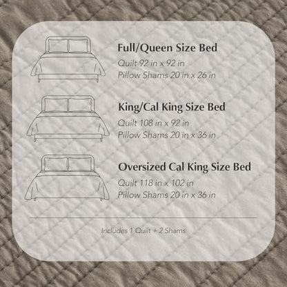 EVERGRACEHOME 100% Cotton Quilt Set Oversized Cal King, Stone Taupe | Pre-Washed Soft Cotton, Striped Coverlet Bedspread, 3 Piece Lightweight Bedding Set for All Season, with 2 Pillow Shams - color: Stone Taupe, size: Oversized Cal King (118" X 102")
