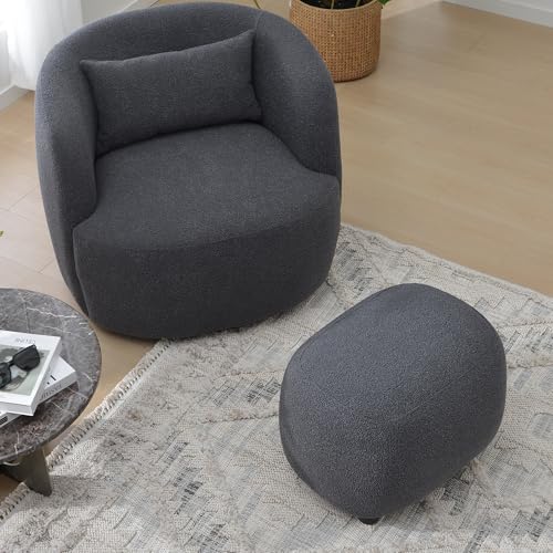 KINWELL Round Boucle Upholstered Ottoman Chair Seat Footstool, Dark Gray | Easy Assembled Modern Soft Sofa Couch Loveseat Chair Footrest, Extra Seating for Bedroom Entryway, 18.5" D x 23" W x 16.5" H - color: Dark Grey