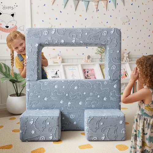 MeMoreCool Glow Dinosaur Kids Couch, Gray Modular Fold Out Play Couch | Glow Dino Foam Kids Sofa Set, Machine-Washable Cover - color: Grey Dinosaur