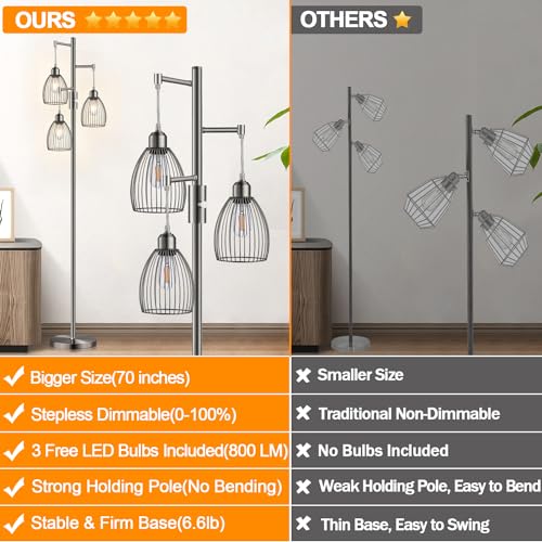 Dimmable Floor Lamp, Industrial Floor Lamps for Living Room, Brushed Nickel Tree Lamp Standing Lamp Tall Lamps with 3 Elegant Teardrop Cage Head & 800 Lumens LED Bulbs for Living Room Bedroom Office - color: Brushed Nickel-70 inches