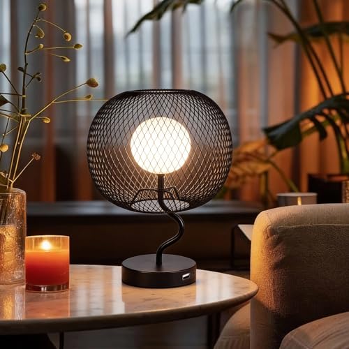 Cordless Industrial Table Lamp, Touch Dimmable Bedside Lamp with Black Metal Mesh Shade, USB-C Rechargeable Warm Ambient Light for Bedroom, Living Room, Dining Table, Side Table